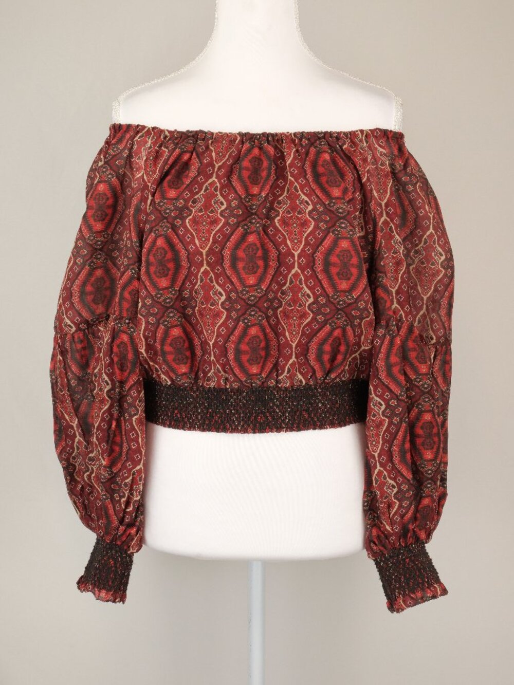 Alice + Olivia Azalea Smocked Off-the-Shoulder Boho Tribal Print Blouse Top, Red